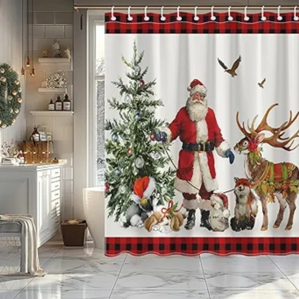 NEW Festive Santa Reindeer Puppy Shower Curtain Christmas Holiday w/hooks 🎅🎄🫎